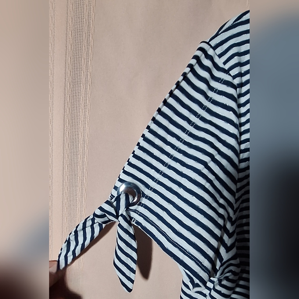 ROSE + OLIVE Navy Blue and White Striped Short Sleeve Top - Picture 3 of 5